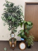 Lot (3) Artificial Plants & (2) Clocks