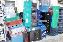 Lot-Various Plastic Bins/Totes, and Metal Totes in (1) Group on Floor
