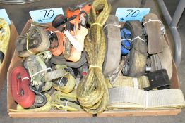 Lot-Various Ratchet Straps, and Rope in (2) Boxes on Floor Under (1) Table