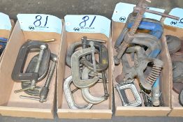 Lot-Various C-Clamps and Vise Grips in (3) Boxes on Floor Under (1) Table