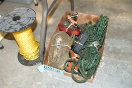 Lot-Rope, Ratchet Straps, and Cloth Sling in (1) Box on Floor Under (1) Table