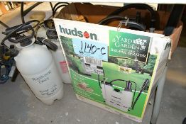 Lot-Various Manual Pump Garden Sprayers on Floor Under (1) Table