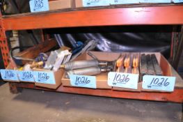 Lot-Emergency Triangles, Grease Guns, Mixer Attachments, Hand Saws, in (6) Boxes on (1) Shelf