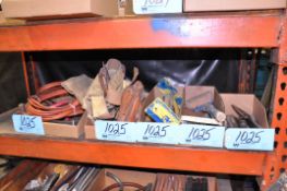 Lot-Jumper Cables, Tool Belts, Brick Carriers, Putty Knives, etc. in (5) Boxes on (1) Shelf