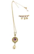 An Edwardian amethyst and pearl necklet, the round