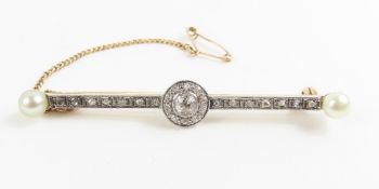 An Art Deco diamond and pearl bar brooch, the cent