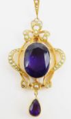 A fine Art Nouveau amethyst and split pearl pendan