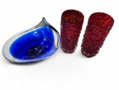 A pair of Whitefriars textured bark vases, ruby co