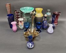 J.G. Durand ruby and clear glass faceted vase, 24cm high, a Franz Welz spatter glass jug, 19cm, a