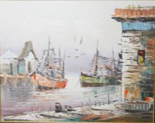 Mid 20th century school Oil on canvas Harbour scene indistinctly signed lower left 39.5cm x 49.5cm