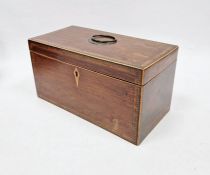 19th century rosewood tea caddy of rectangular form, the lid opening to reveal two fitted tea