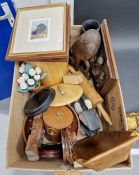 Mixed lot of pictures, Oriental wooden stand and other treen items (1 box)