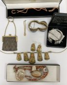 Chinese silver-gilt bangle, a beaded purse, a 9ct gold small padlock chain bracelet, 2g approx.