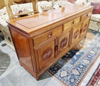 20th century oriental hardwood sideboard, three drawers, two cupboards, 85cm high x 182cm wide x