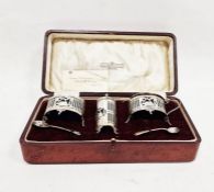 Silver three-piece condiment set, each with gallery sides, on scroll tab feet, having blue glass