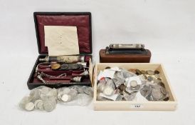 Quantity of world coins, a cased spirit level and a Downrose Ltd. cased ophthalmoscope