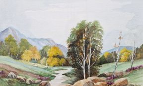 Joan Avery Watercolour Landscape with sheep, signed lower, framed and glazed, together with assorted