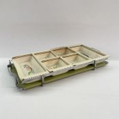 Susie Cooper hors d'oeuvres set, held within a metal and bakelite tray, comprising six dishes (one