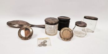 Early 20th century silver mounted and ebony lidded box, cylindrical, silver mounted engraved with