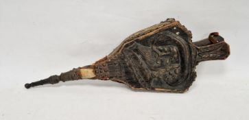 Pair of Victorian carved oak fire bellows, carved with a portrait mask of Charles I