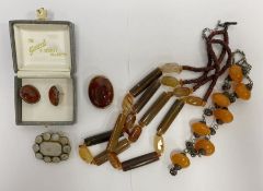 Quartz beaded necklace, other beaded necklaces, brooches, etc (1 box)