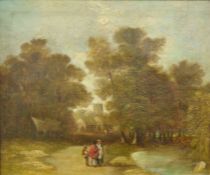 19th century school Pair of oils on canvas Wooded landscape scene with  figures on a path ,unsigned,
