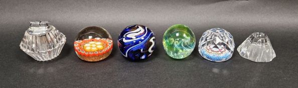 Small quantity of glass paperweights to include a Wedgwood glass paperweight with blue and white