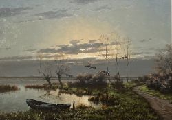 Gien Brouwer (1944)  Oil on canvas Wild duck on evening flight across pond, with boat in foreground,