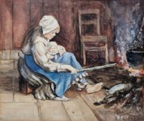 R. Brooks Watercolour Mother and child seated in front of fire, signed and dated 1914 lower right,