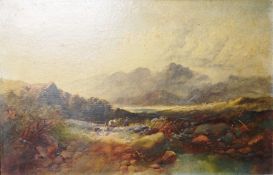 J Worley? 19th century school Oil on board Figure with horse in mountainous landscape, unsigned,