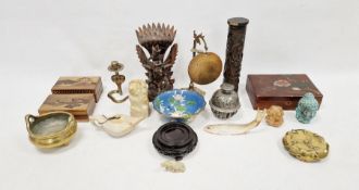 Chinese censer,  carved wooden figure of a Garuda, 27cm high, a blue cloisonne bowl, two Oriental