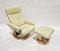 Contemporary cream leather upholstered stressless style armchair together with matching footstool,