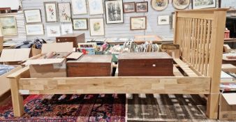 Modern oak double bedframe with slatted headboard, 105cm high x 147cm wide x 208cm long