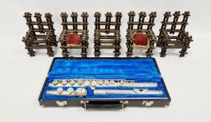 Metal flute, cased and 5 miniature chairs formed from bobbinsCondition ReportFlute maker is