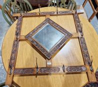20th century oak coat rack with square-shaped mirror, floral decorated, 84cm x 92cm