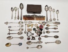 Various silver souvenir spoons, silver mounted come, sugar nips and assorted badges (1 box)