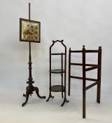 Mahogany three-tier folding cake stand, a stained wood folding three-tier airer with turned