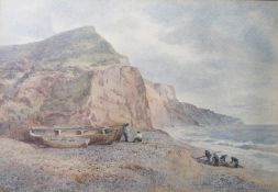 19th century school Watercolour Fishermen with catch, initialled indistinctly lower left 'SNO'?,