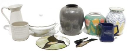 Poole pottery vase with sunflower decoration, a Sylvac-style ribbed jug, a Denby 'Harmony' pattern