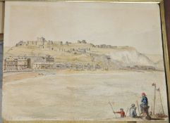 Large framed mirror in an orange stained wooden frame, 82cm x 62cm, watercolour drawing of castle