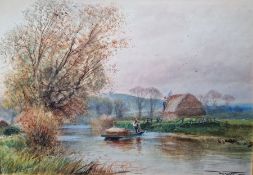 H. C. Fox Watercolour drawing 'At Burpham Sussex ' water boatman taking a load of hay on a river,