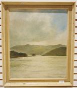 L G Holland Oil on canvas  Hilly scene with lake in foreground, signed lower right, 29cm x 41cm