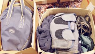 Assorted horse rugs, travelling bandages, stable rugs, tack including stirrup leathers, stirrups,
