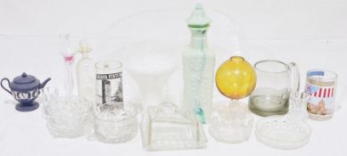 Chinese-style milk glass decanter/liqueur bottle, a Wedgwood cobalt blue jasperware miniature teapot