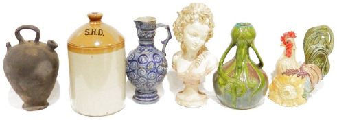 Large stoneware flagon marked 'SRD', a plaster bust of a female, a large Art Nouveau-style studio