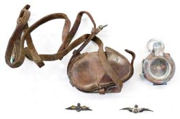 WWI compass in leather case, dated 1917, and two white metal Royal Air Force sweetheart badges (3)