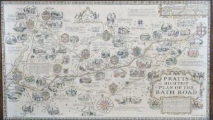 Reproduction map of Pratt's High Test Plan of the Bath Road, framed and a colour print of Stanford's