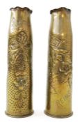 Pair of WWI trench art vases with hammered decoration 'Reims' (2)