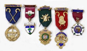 Five masonic lodge badges, all silver with hanging ribbons, all hallmarked (5)