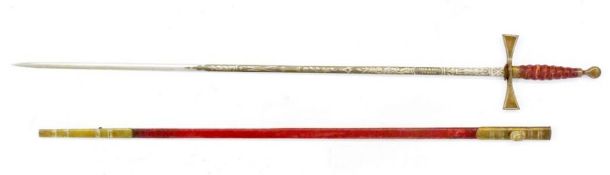Toye & Co. Ltd. masonic sword with engraved blade, leather scabbard, Maltese cross guard and leather